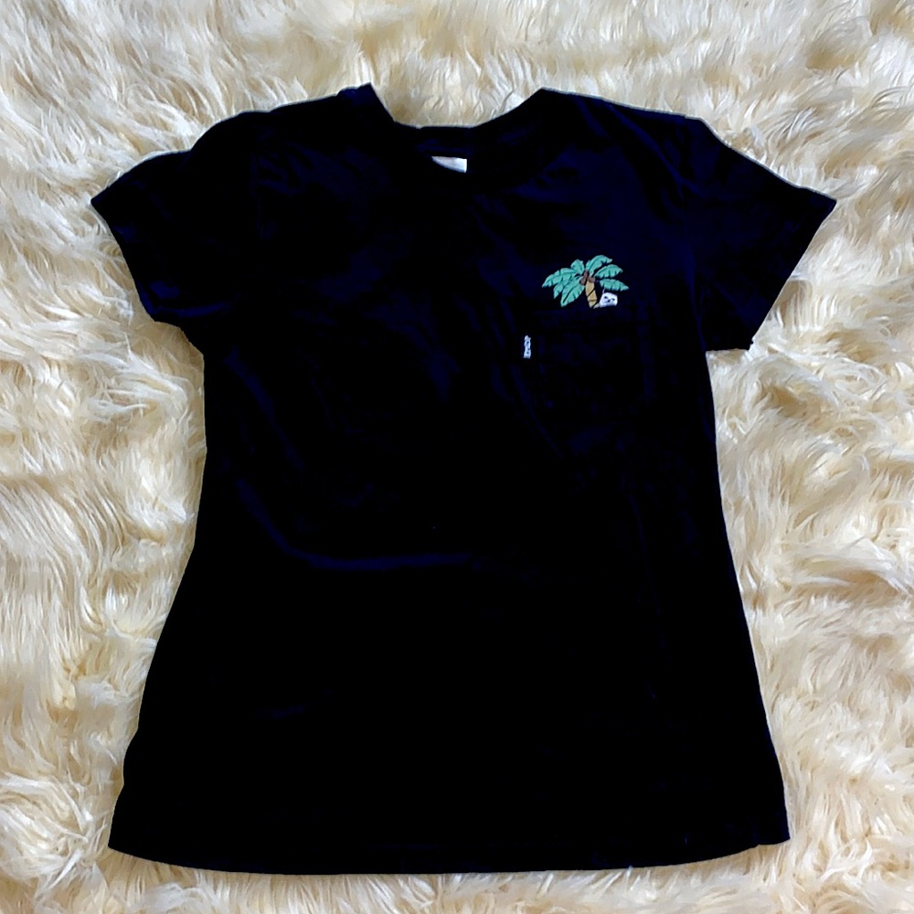 Small Black Women’s RipnDip T-Shirt Cat on Palm Tree